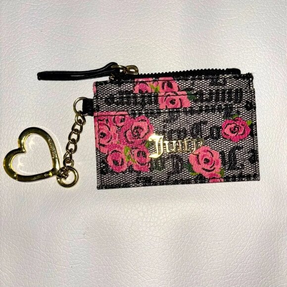 Juicy Couture Handbags - Juicy Couture Pink Bloom Black “Furget Me Not” Card Carrier with Keychain